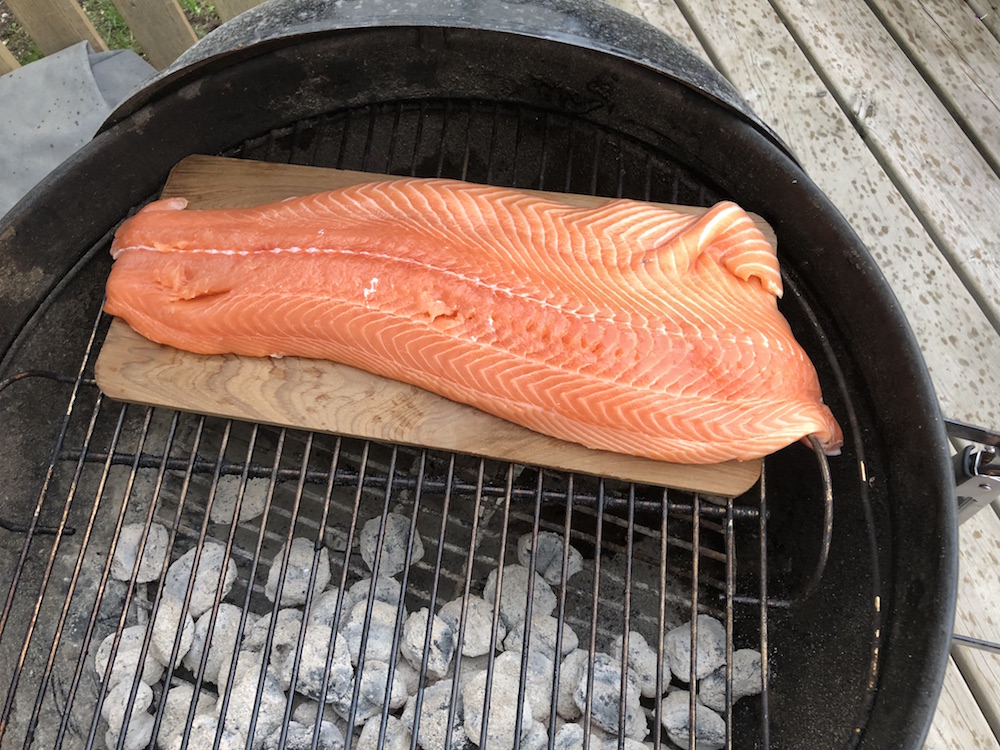 Cedar Planked Salmon On Weber Charcoal Kettle Grill Grill Nation