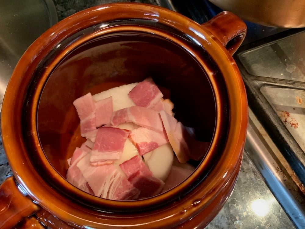 Prepping the Boston Baked Beans (Bacon!)