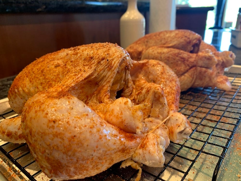 Two birds seasoned and ready