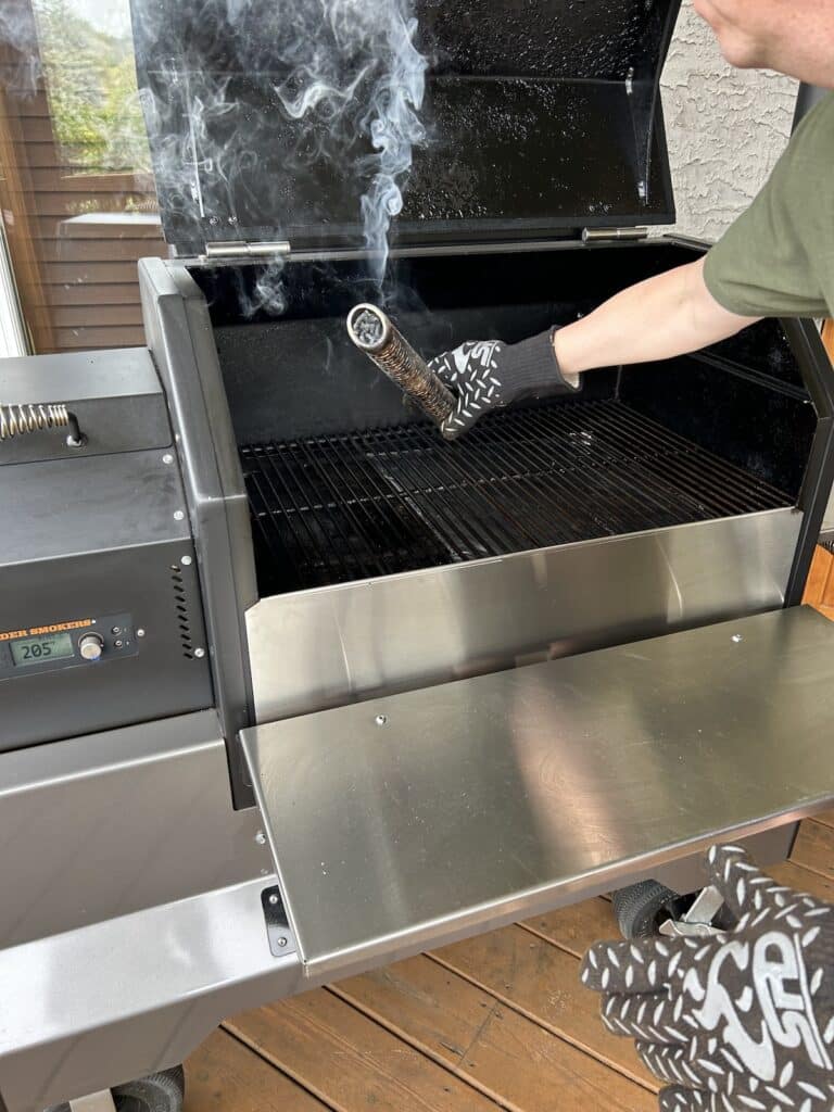 Placing the Tube Smoker in the Yoder Pellet Smoker